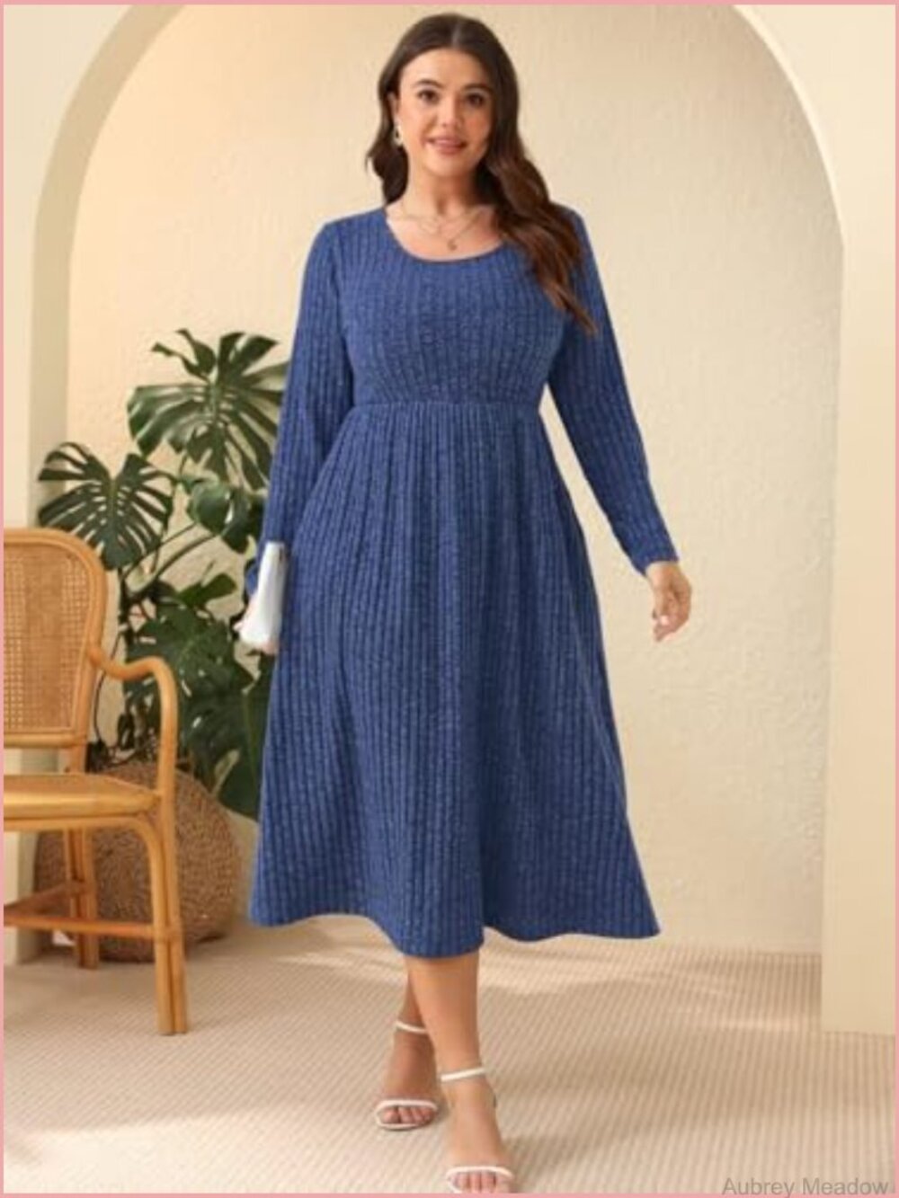 Plus Size Sweater Dress with Pockets Long Sleeve Midi Scoop Neck Casual - Picture 6 of 7